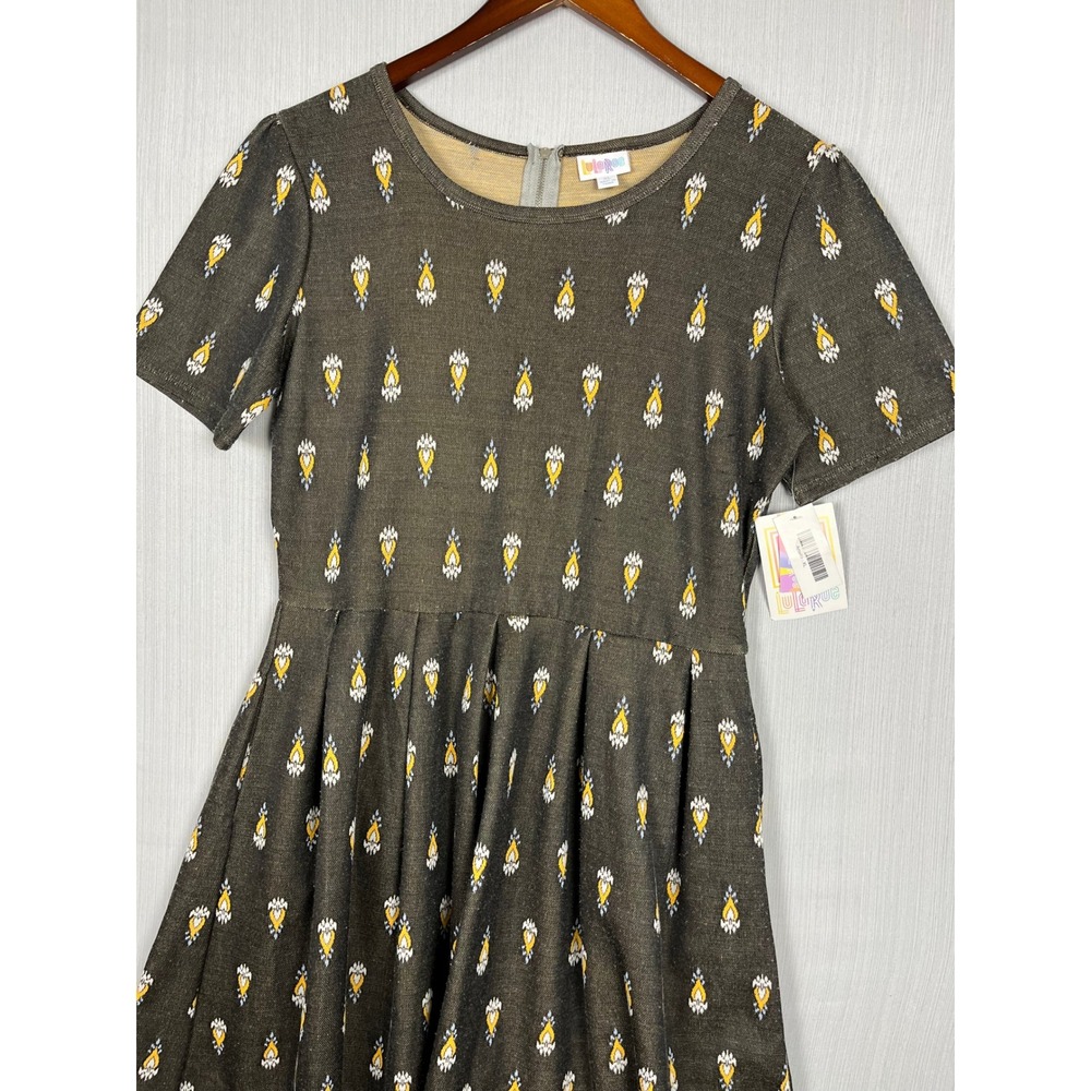 LuLaRoe Amelia Dress Womens XL Gray Fit & Flare Medallion Pleated Short Sleeve